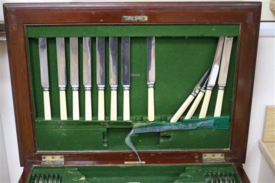 A service of Elkington & Co Dubarry pattern plated flatware in mahogany table canteen